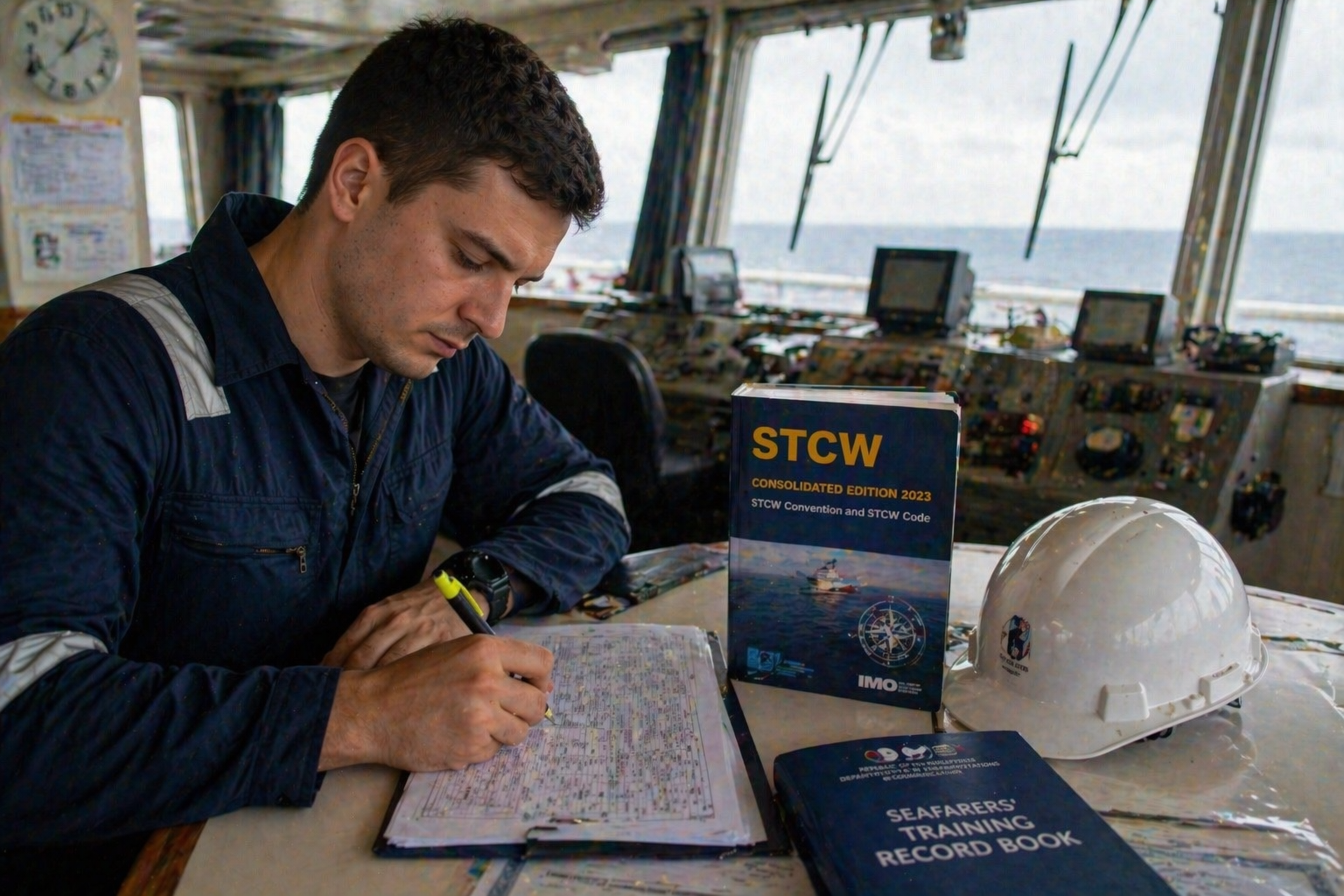 Maritime officer writing in the ship’s logbook on the bridge, with STCW materials and sea view through the windows