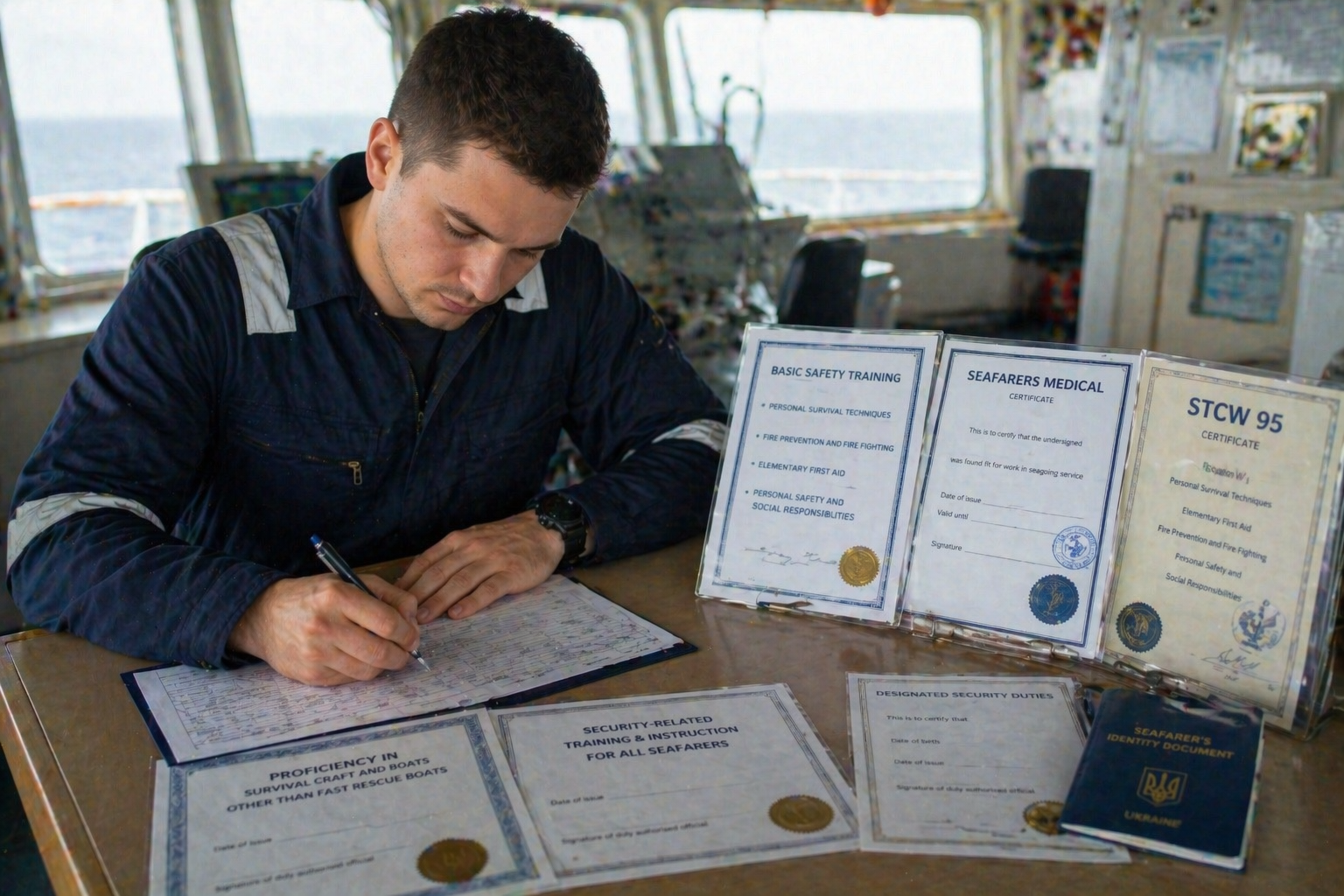 Maritime officer signing documents at a table with nautical certificates and seals