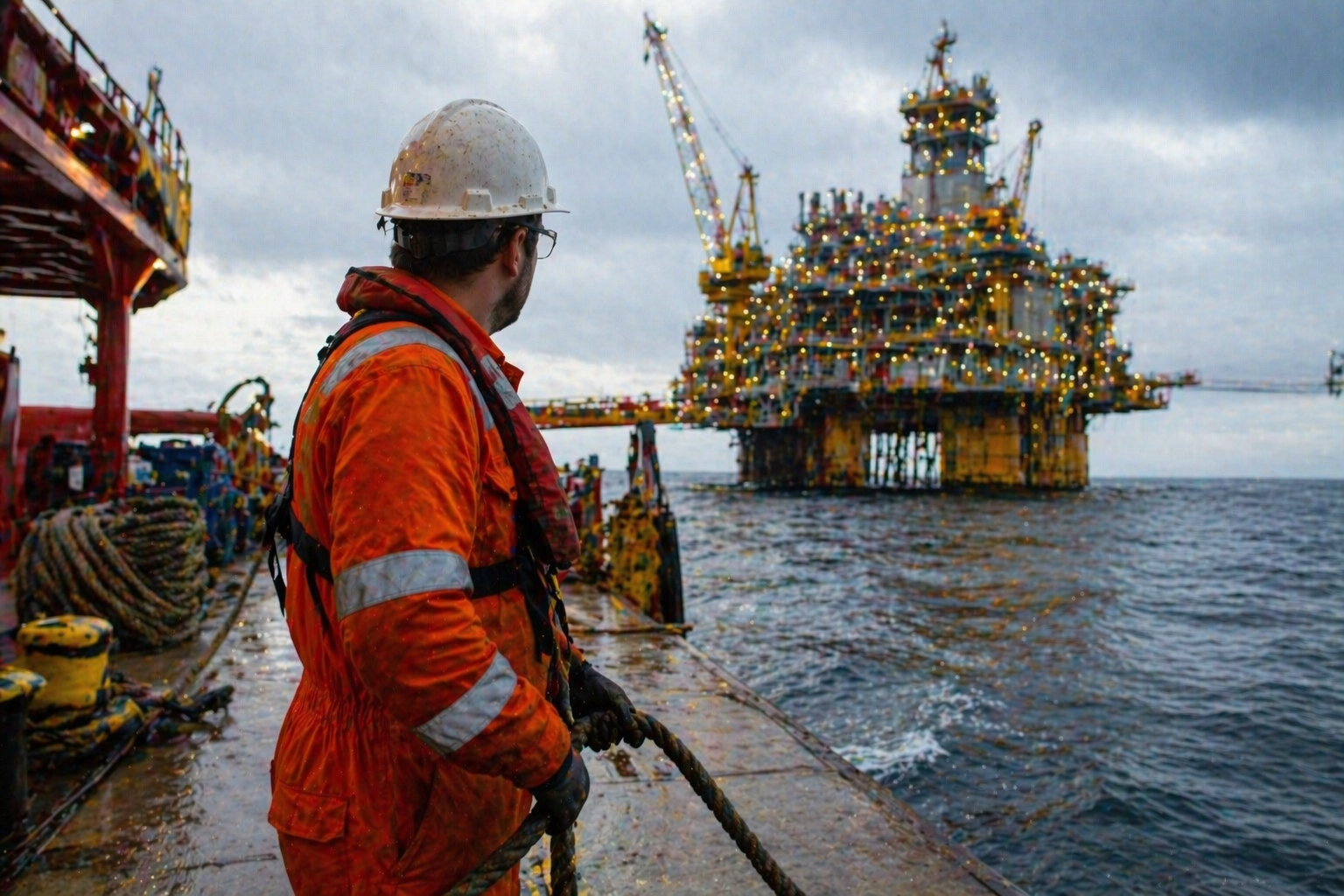 Seafarer in orange coveralls and white hard hat on deck, offshore oil platform on the horizon
