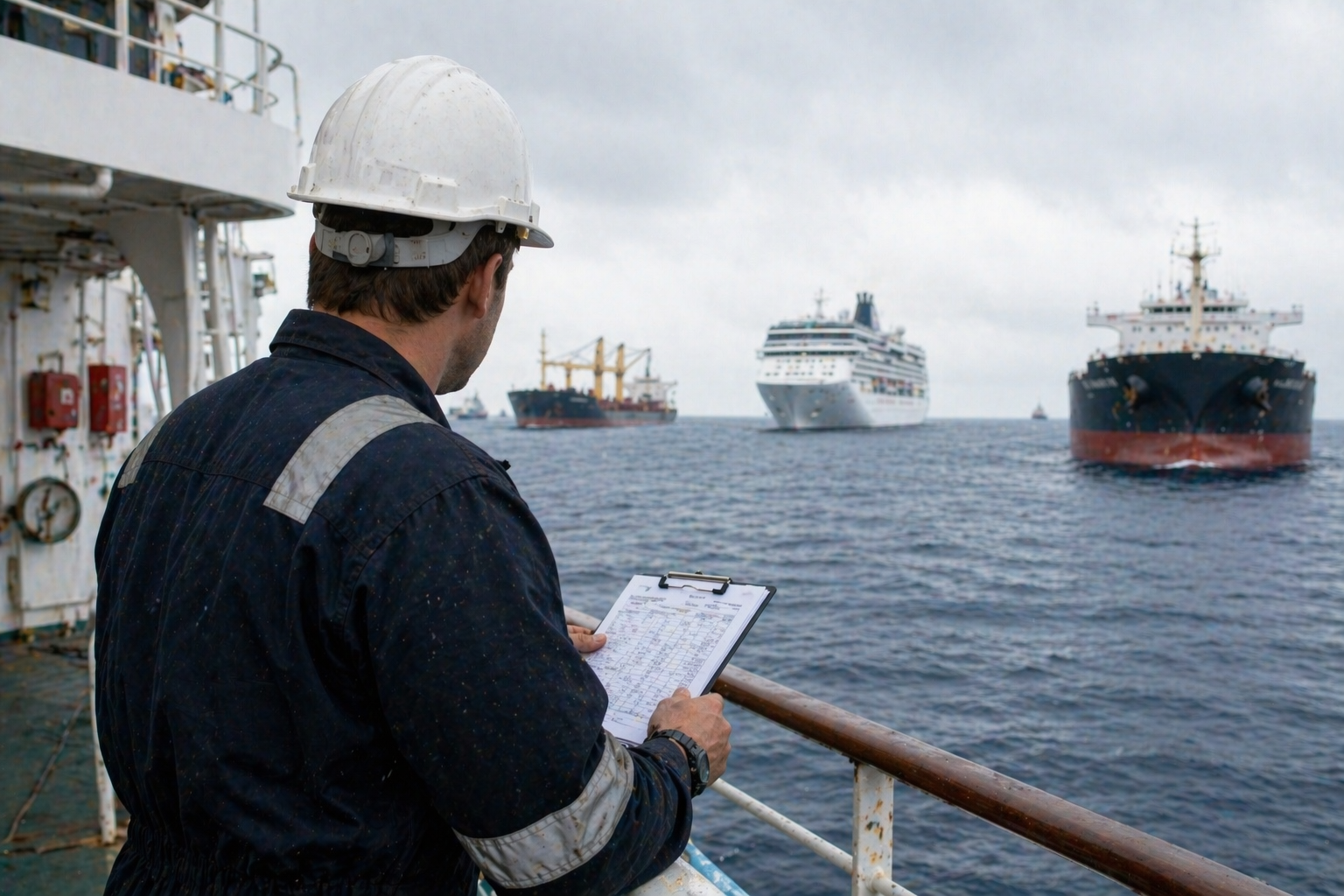 Ship’s officer with clipboard and hard hat on deck, cruise ship and other vessels at sea