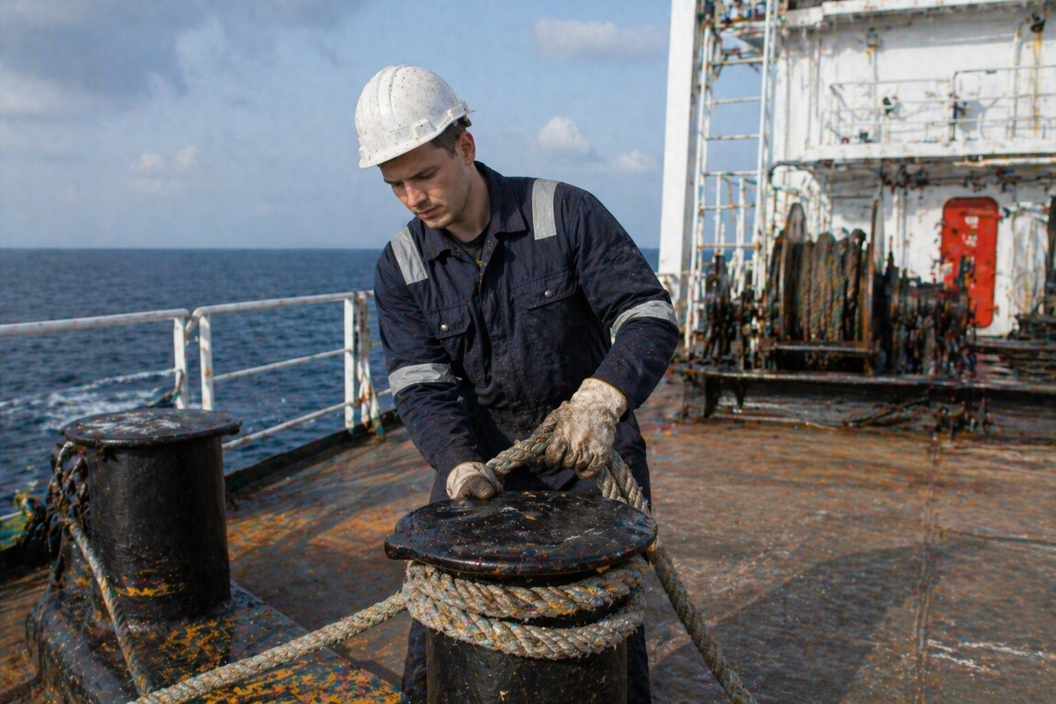 Deck sailor handling a heavy mooring rope coiled on a ship’s bollard