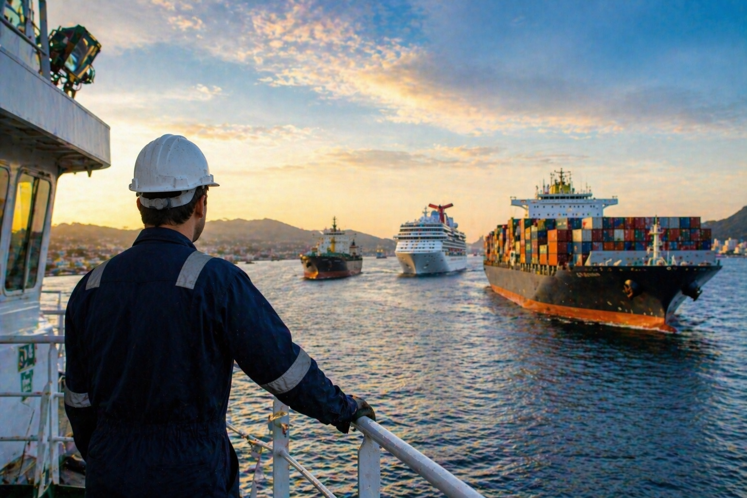 Crew member in uniform and hard hat on deck at sunset, with cargo and cruise ships in the distance