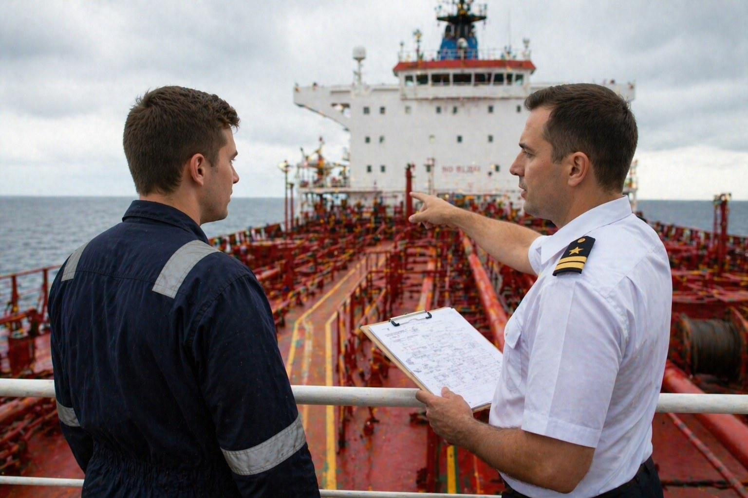 Two ship officers in uniform on a red tanker deck, senior officer pointing toward the horizon