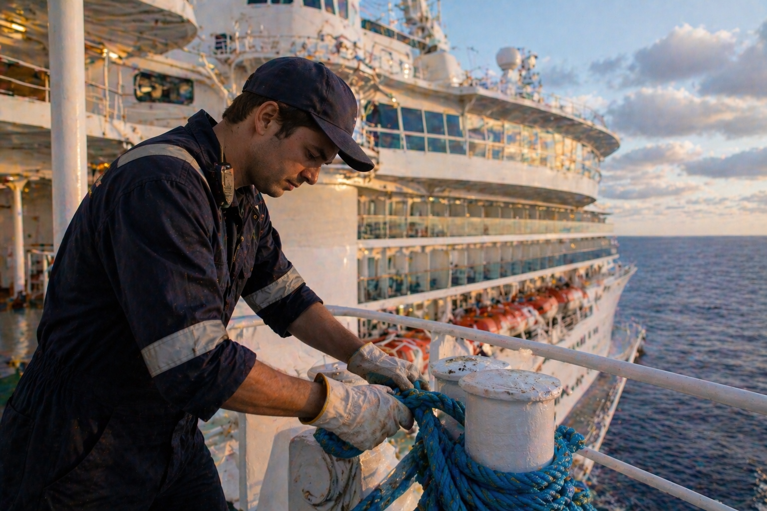Deck crew member pulling and securing a heavy mooring line on the ship