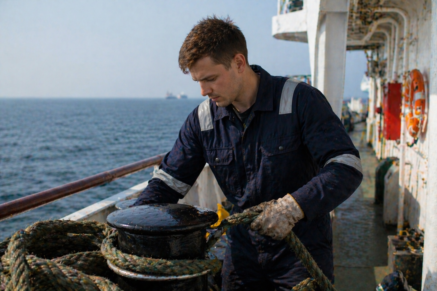 Sailor in uniform and hard hat working with thick mooring ropes on deck