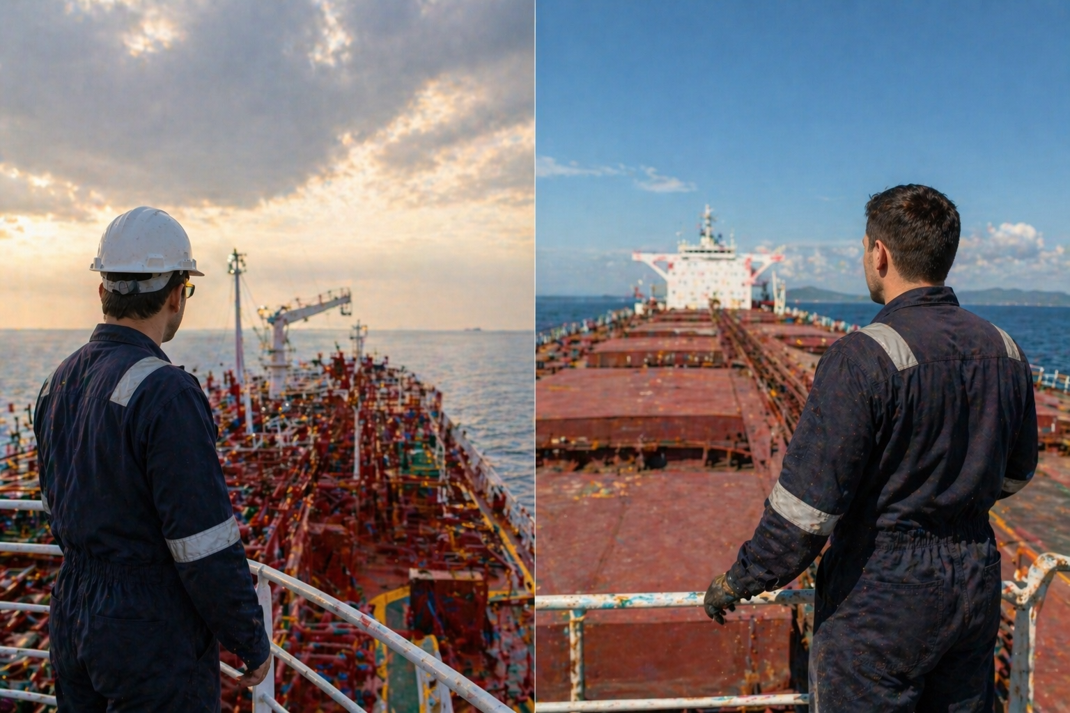Seafarer leaning on the railing, looking down at the red hull and blue ocean alongside the ship